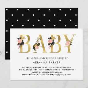 Nätt guld- blom- text med baby shower för svart inbjudningar