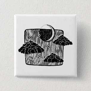 Natt Himmel Halvmåne Moln Handritad Illustration Knapp