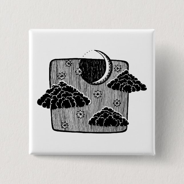 Natt Himmel Halvmåne Moln Handritad Illustration Knapp (Framsida)