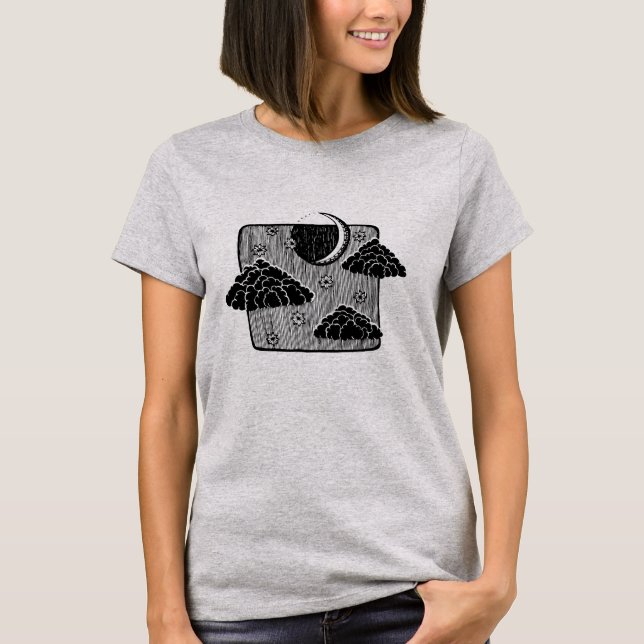 Natt Himmel Halvmåne Moln Handritad Illustration T-shirt (Framsida)