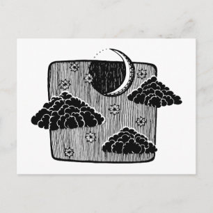 Natt Himmel Halvmåne Moln Handritad Illustration Vykort