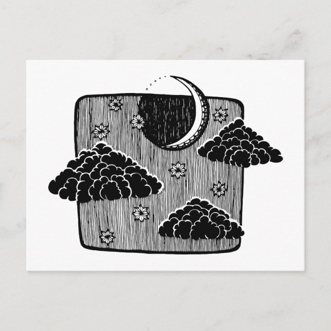 Natt Himmel Halvmåne Moln Handritad Illustration Vykort (Framsida)