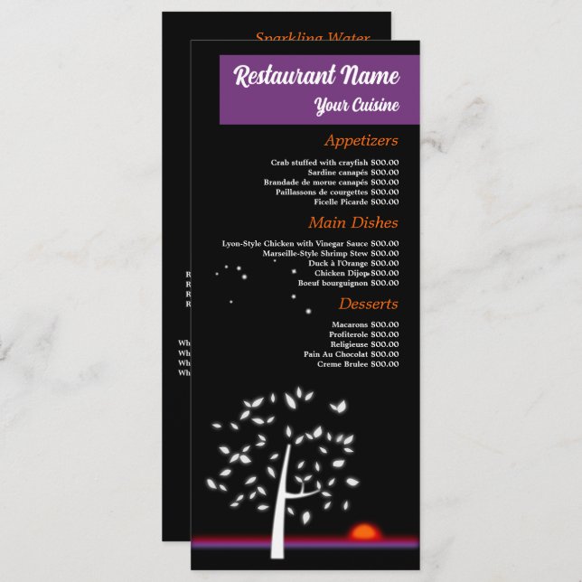 Natt Himmel Sol, Restaurang Slimline Meny (Fram/baksida)