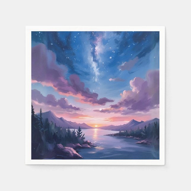 Natt Himmel | Stjärnig Sjön Lila Akvarell Pappersservett (Framsidan)