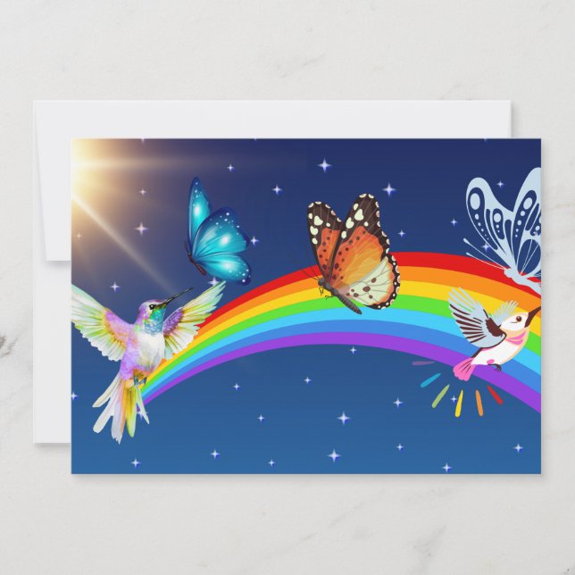 Natt Himmel, två fåglar, fjärilar och regnbåge Inbjudningar (Framsida)