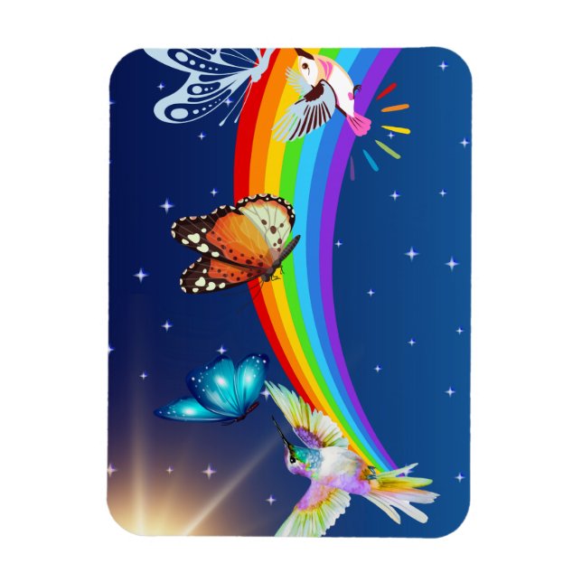 Natt Himmel, två fåglar, fjärilar och regnbåge Magnet (Vertikal)