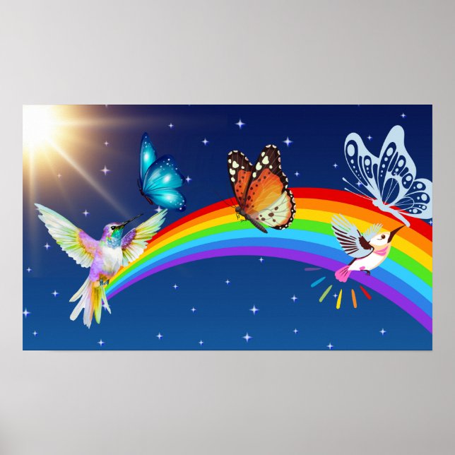 Natt Himmel, två fåglar, fjärilar och regnbåge Poster (Framsidan)