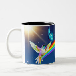 Natt Himmel, två fåglar, fjärilar och regnbåge Två-Tonad Mugg
