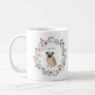 Nätt hund för mops för vattenfärgblommigt kaffemugg