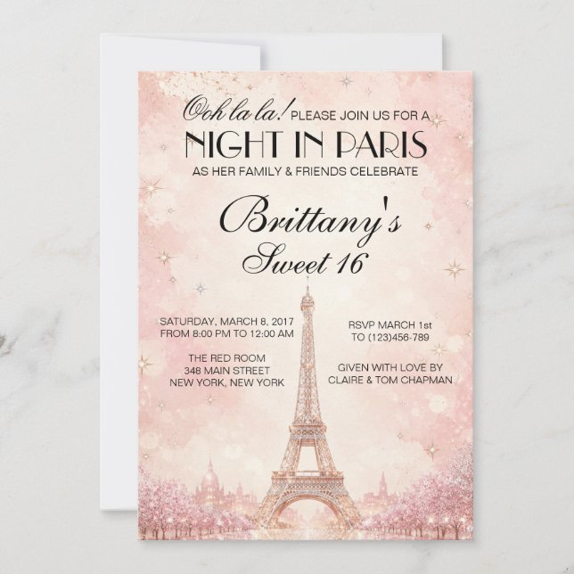 Natt i Paris Sweet 16 anpassad inbjudan (Framsida)