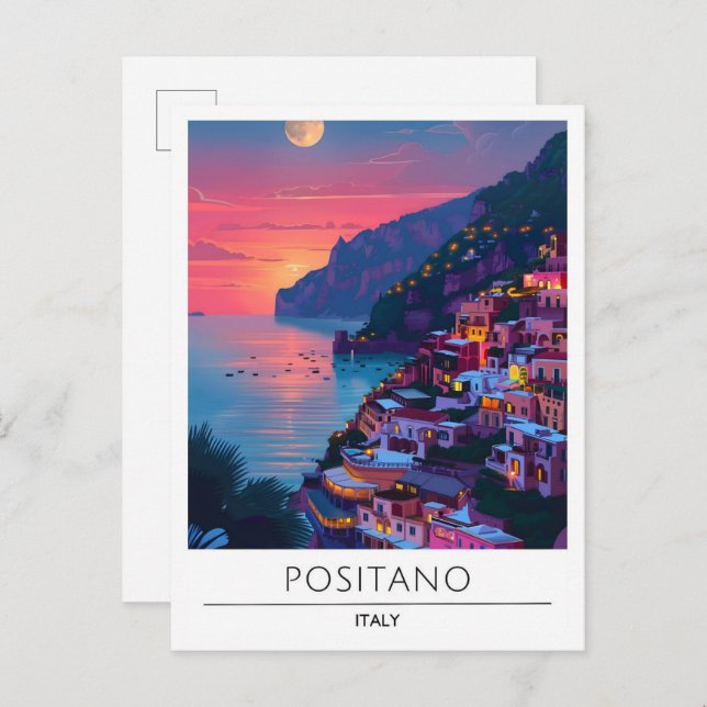 Natt i Positano Italien Travel Vykort (Fram/baksida)