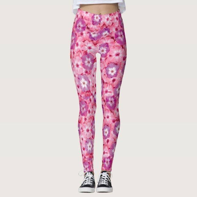 Nätt magentafärgad rosa Phloxblommönster Leggings (Framsida)