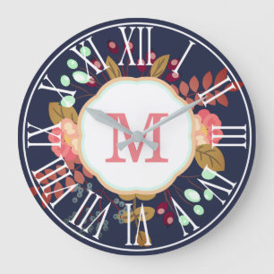 Nätt modern blom- Monogram för Collage   Stor Klocka