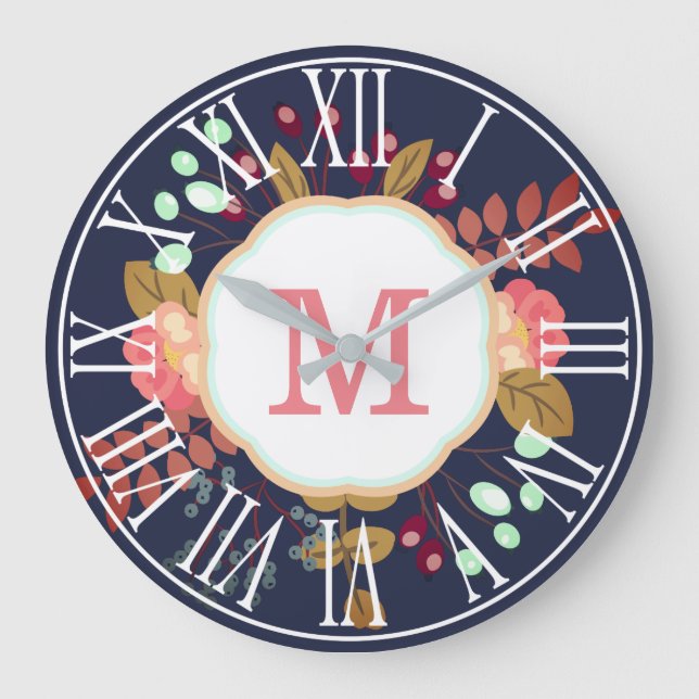 Nätt modern blom- Monogram för Collage | Stor Klocka (Framsida)