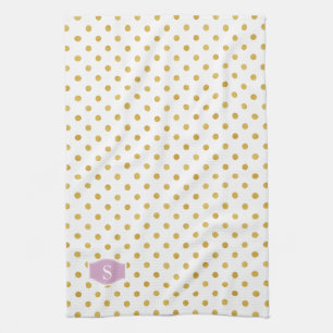 Nätt monogram för guld- och vitpolka dotsmönster kökshandduk
