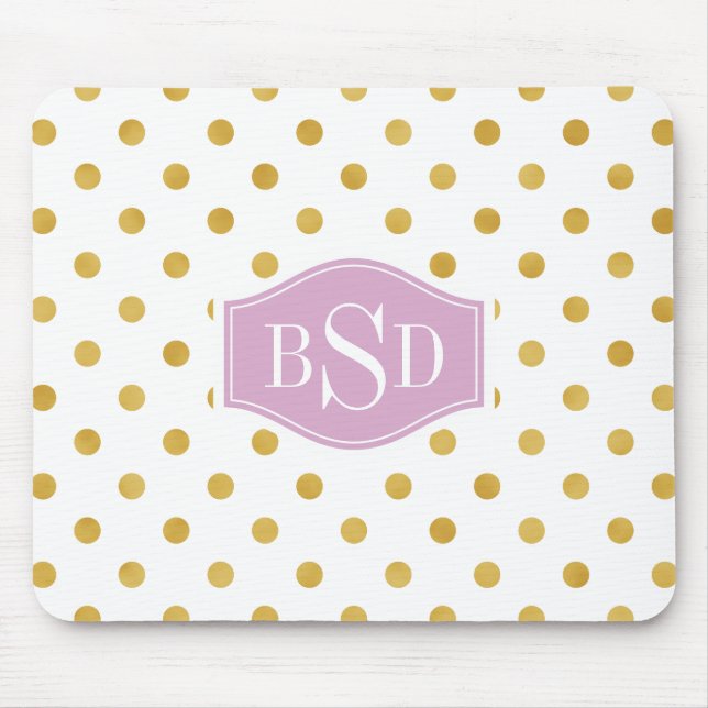 Nätt monogram för guld- och vitpolka dotsmönster musmatta (Framsidan)