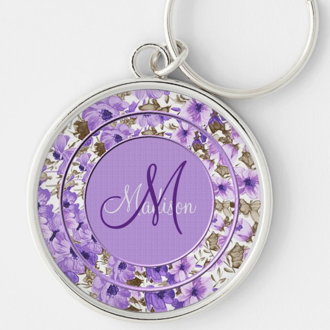 Nätt nyckelring för Monogramlila- & vitblommigt (Framsidan)