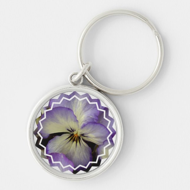 Nätt Pansy Keychain Rund Silverfärgad Nyckelring (Framsidan)