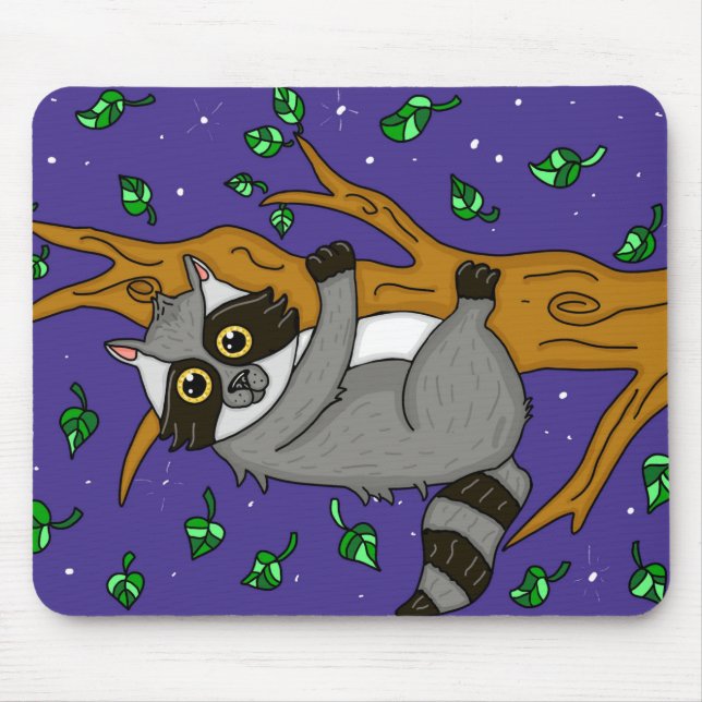 Natt Raccoon Hanging från Träd Gren Musmatta (Framsidan)