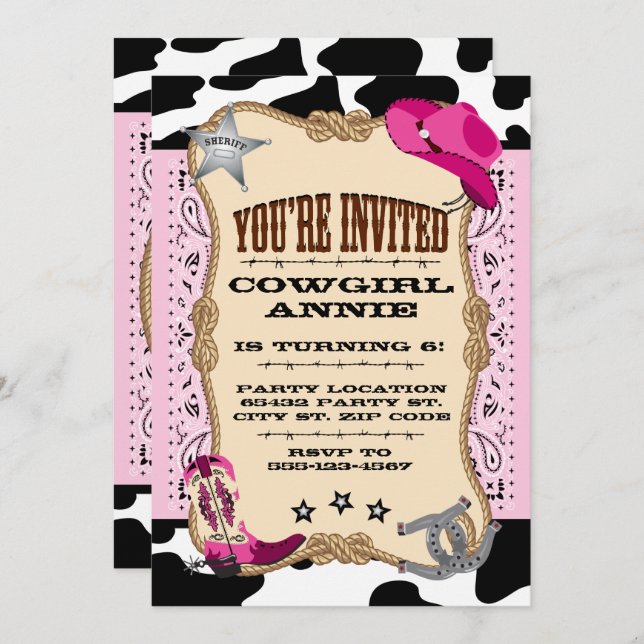 Nätt rosa Cowgirlfödelsedagsfest inbjudan (Fram/baksida)