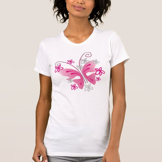 Nätt rosa fjärils- och silverblommor tee shirt (Framsida)