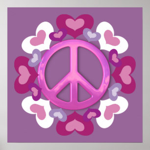 Nätt rosa fredstecken- och hjärtatryck poster