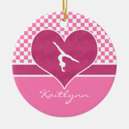 Nätt rosa rutig gymnastik med monogramen julgransprydnad keramik