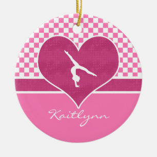 Nätt rosa rutig gymnastik med monogramen julgransprydnad keramik