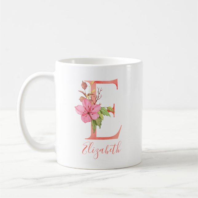 Nätt rosa vattenfärgbrev "E ", Kaffemugg (Vänster)