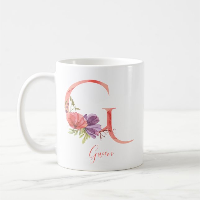 Nätt rosa vattenfärgbrev "G ", Kaffemugg (Vänster)