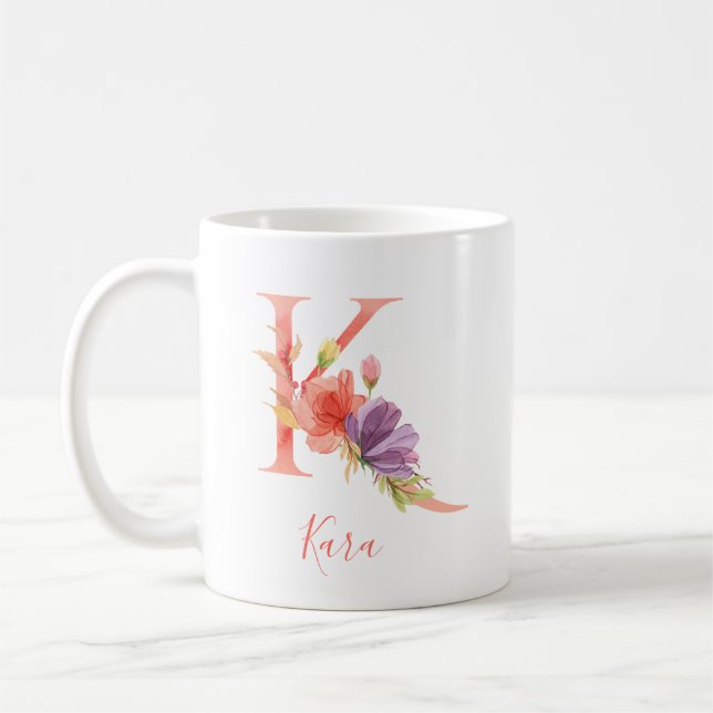 Nätt rosa vattenfärgbrev "K ", Kaffemugg (Vänster)