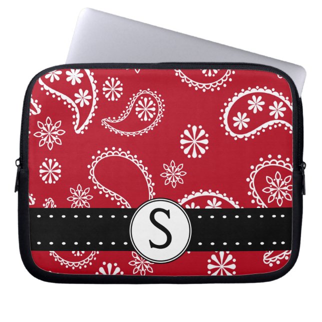 Nätt rött Paisley mönster med monogramen Laptop Sleeve (Framsidan)