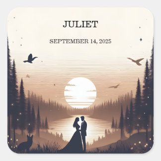 Natt Solnedgång Måne Moln Skymning Bröllopsdusch Fyrkantigt Klistermärke