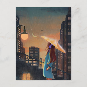 Natt stad regn paraply flicka  vykort