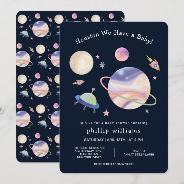 Natt Svart Galaxy Rymd Måne Stjärna Baby Shower Inbjudningar (Fram/baksida)