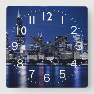 Natt Time Chicago-scen Fyrkantig Klocka