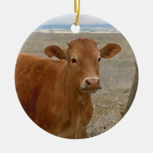 Nätt westernt rött nötkreatur skrämmer julgransprydnad keramik (Framsidan)