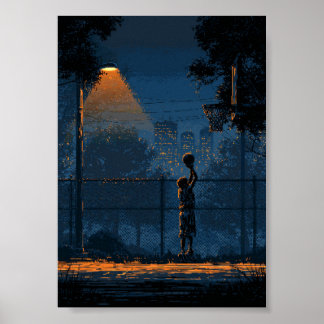 Nattbasketspelare under gatlykta poster