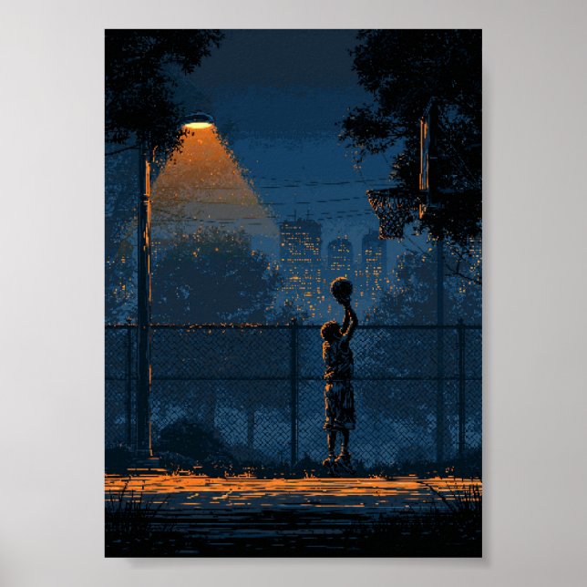 Nattbasketspelare under gatlykta poster (Framsidan)