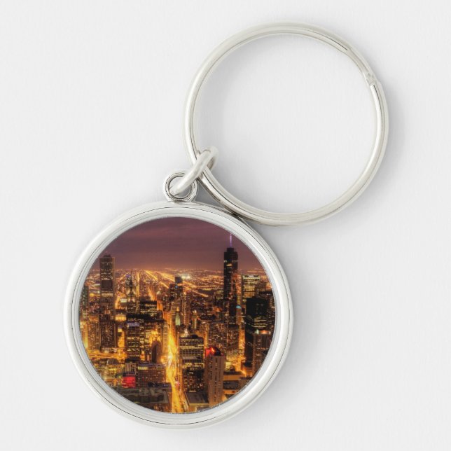 Nattcityscape av Chicago Rund Silverfärgad Nyckelring (Framsidan)