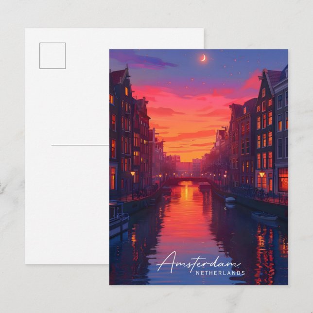 Nattdag i Amsterdam Nederländernas resor Vykort (Fram/baksida)