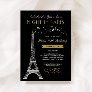Nattdag i Paris Eiffel Torn Guld Sweet 16 födelsed Inbjudningar