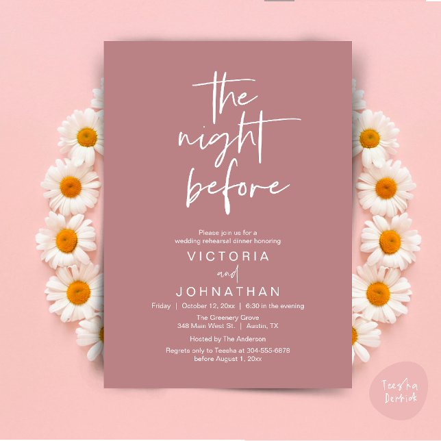 Nattdagen före, Bröllop Rehearsal Dinner Party Inbjudningar (The Night Before, Wedding Rehearsal Dinner Party Invites Card PDF Romantic Modern Casual Dusty Rose)