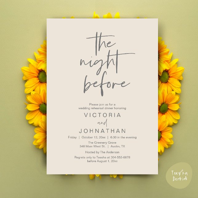Nattdagen före, Bröllop Rehearsal Dinner Party Inbjudningar (The Night Before, Wedding Rehearsal Dinner Party Invites Card PDF Romantic Modern Casual Cream Grey)