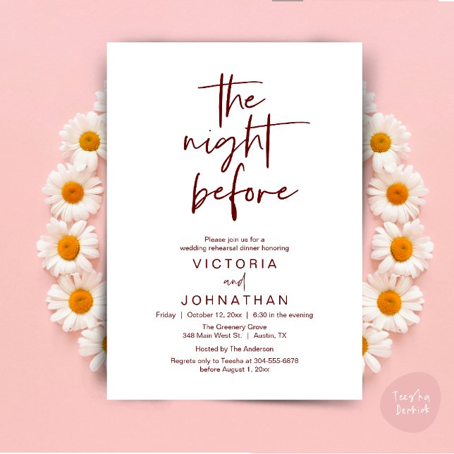 Nattdagen före, Bröllop Rehearsal Dinner Party Inbjudningar (The Night Before, Wedding Rehearsal Dinner Party Invites Card PDF Romantic Modern Casual Burgundy)