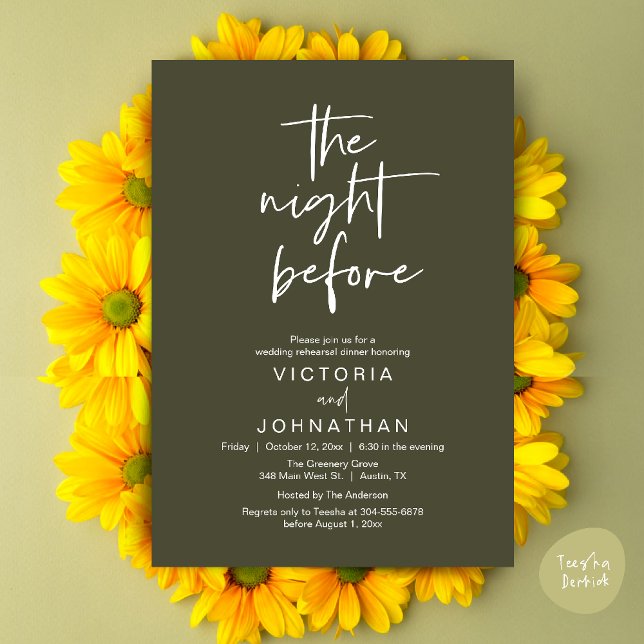 Nattdagen före, Bröllop Rehearsal Dinner Party Inbjudningar (The Night Before, Wedding Rehearsal Dinner Party Invites Card PDF Romantic Modern Casual Olive Green)