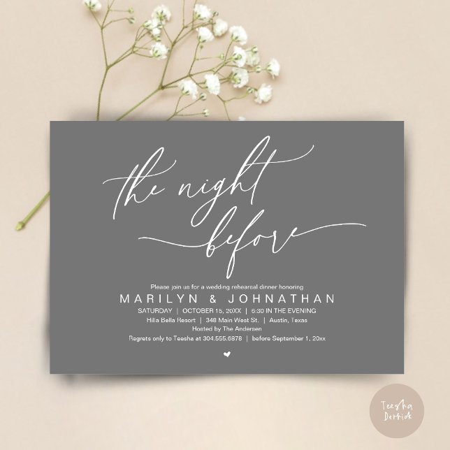 Nattdagen före, Bröllop Rehearsal Dinner Party Inbjudningar (The Night Before, Romantic Modern Wedding Rehearsal Dinner Party Invitation Card PDF Dark Grey)