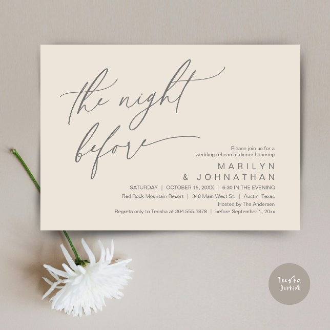 Nattdagen före, Bröllop Rehearsal Dinner Party Inbjudningar (The Night Before, Romantic Modern Wedding Rehearsal Dinner Party Invitation Card PDF Cream Grey)