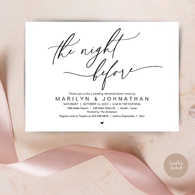 Nattdagen före, Bröllop Rehearsal Dinner Party Inbjudningar (The Night Before, Romantic Modern Wedding Rehearsal Dinner Party Invitation Card PDF Black White)