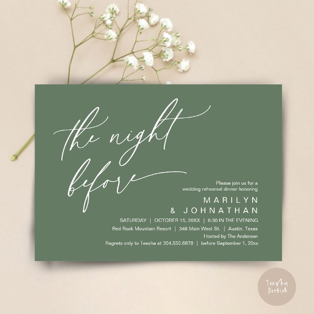 Nattdagen före, Bröllop Rehearsal Dinner Party Inbjudningar (The Night Before, Romantic Modern Wedding Rehearsal Dinner Party Invitation Card PDF Sage Green)